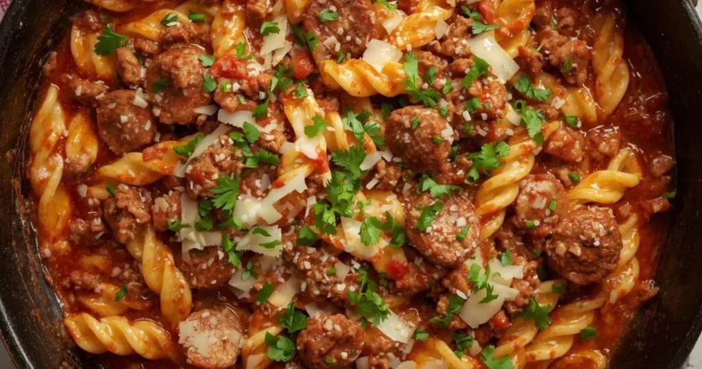 Speedy sausage beef skillet pasta
