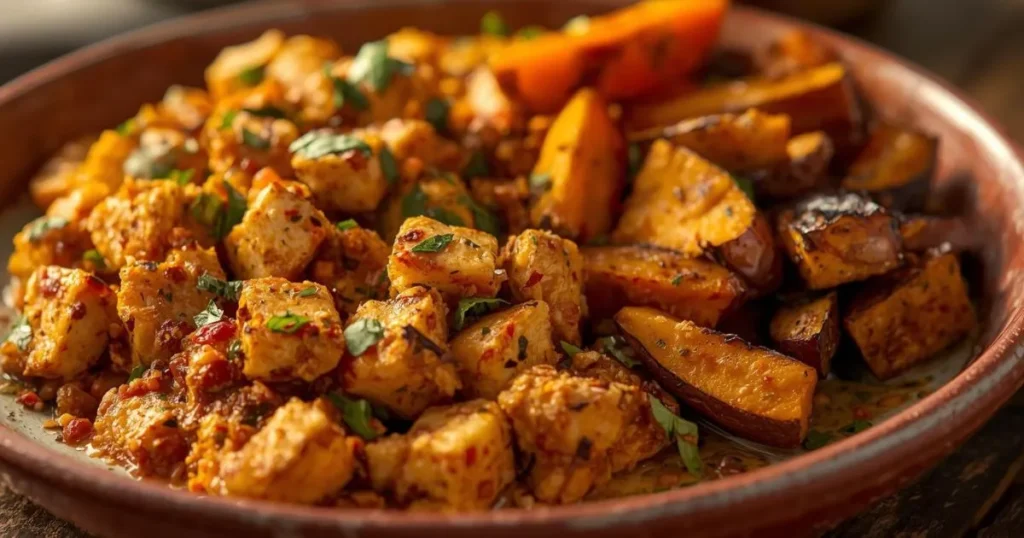 Spicy tofu scramble with sweet potato