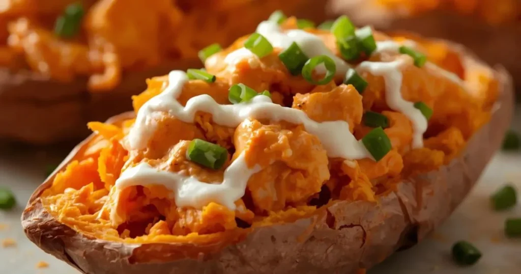 Buffalo ranch chicken stuffed sweet potatoes