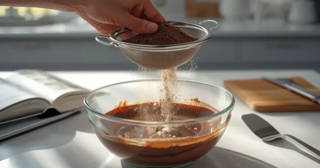 Sifting dry ingredients into the wet batter for paleo brownies