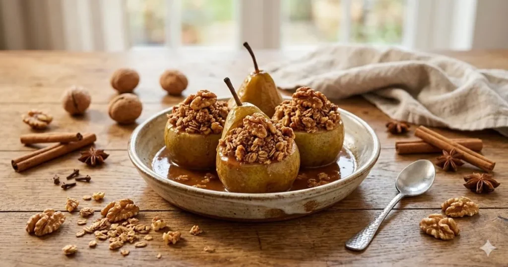 Baked cinnamon pears with walnut crumble