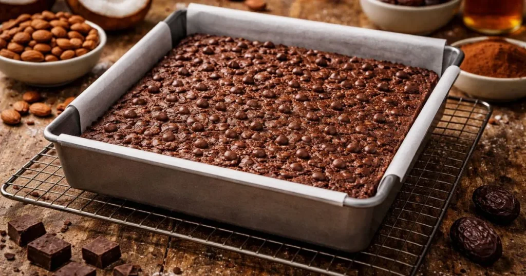Baked paleo brownies cooling completely in the pan before slicing