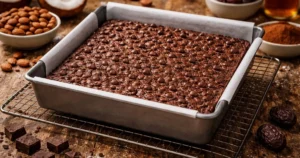 Baked paleo brownies cooling completely in the pan before slicing