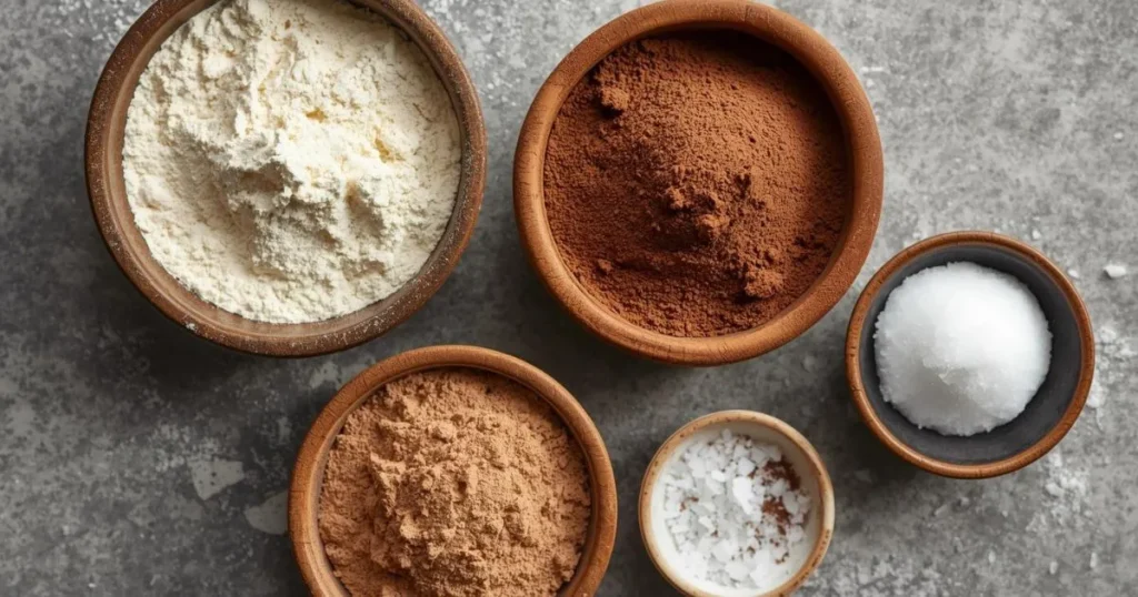 Dry ingredients for paleo brownies: almond flour, cacao powder, coconut sugar, baking soda and sea salt