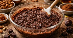 Folding dairy-free dark chocolate chips into paleo brownie batter
