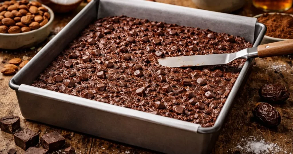 Paleo brownie batter spread evenly in the baking pan before baking
