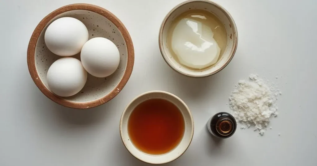 Wet ingredients for paleo brownies: eggs, melted coconut oil, maple syrup and vanilla extract