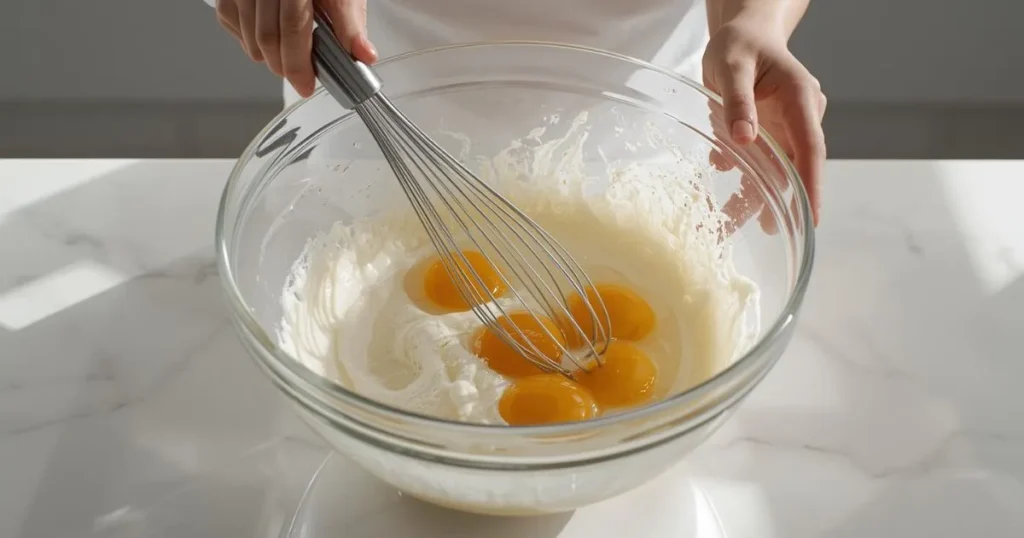 Whisking eggs, coconut oil, maple syrup and vanilla together in a bowl