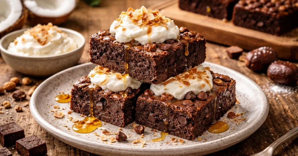 Paleo brownies served with coconut cream and fresh berries