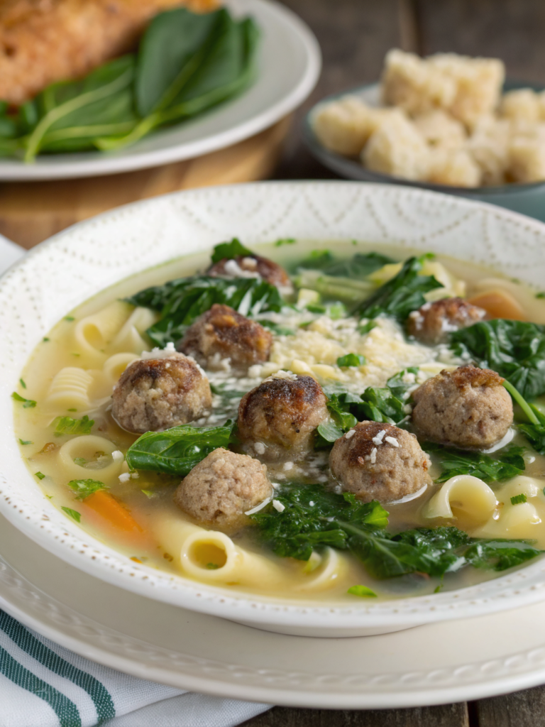 Italian wedding soup with mini beef meatballs