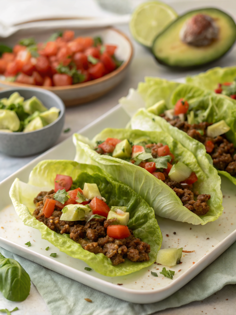 Loaded taco lettuce wraps made with lean ground beef