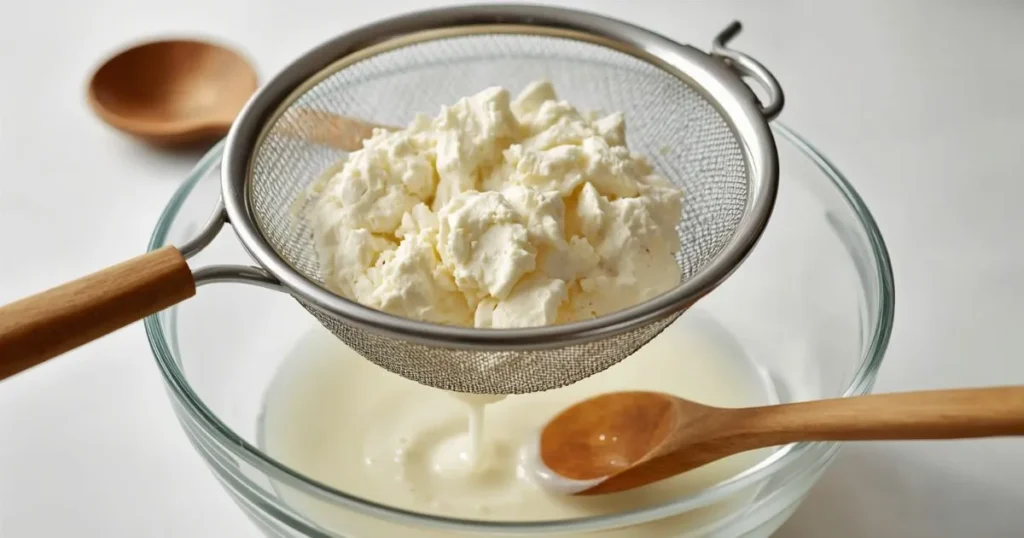 Draining cottage cheese in a fine-mesh strainer