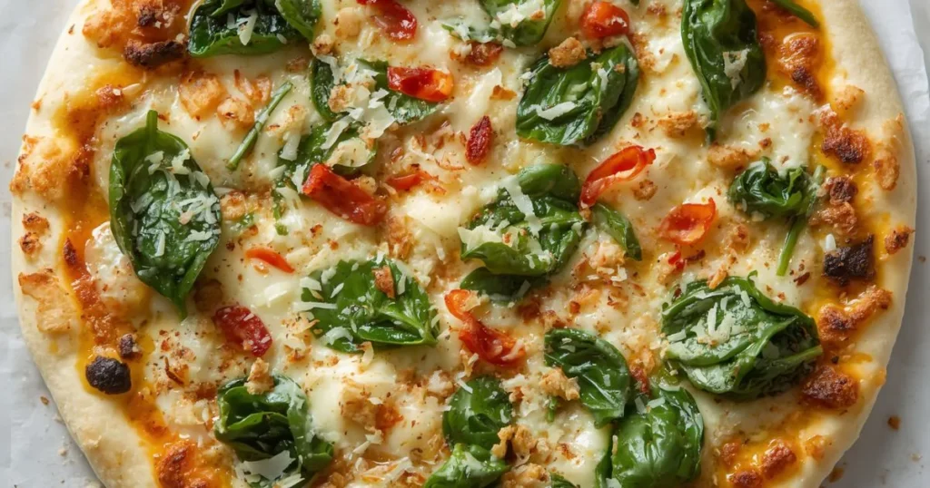White garlic and spinach cottage cheese pizza
