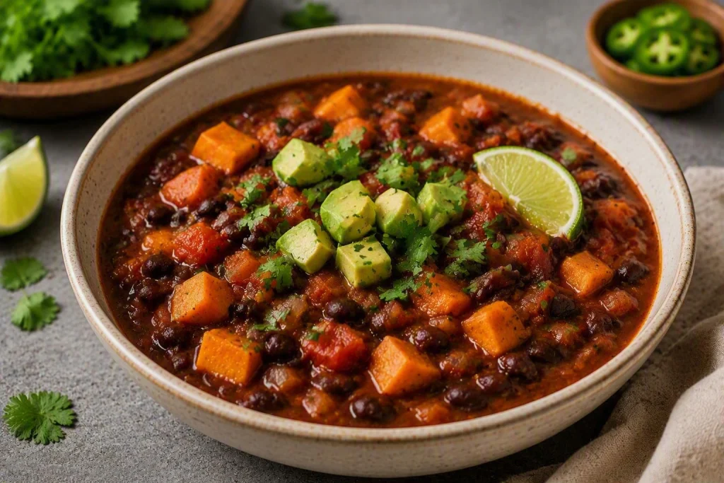 Black bean and sweet potato chili cooked in a crockpot