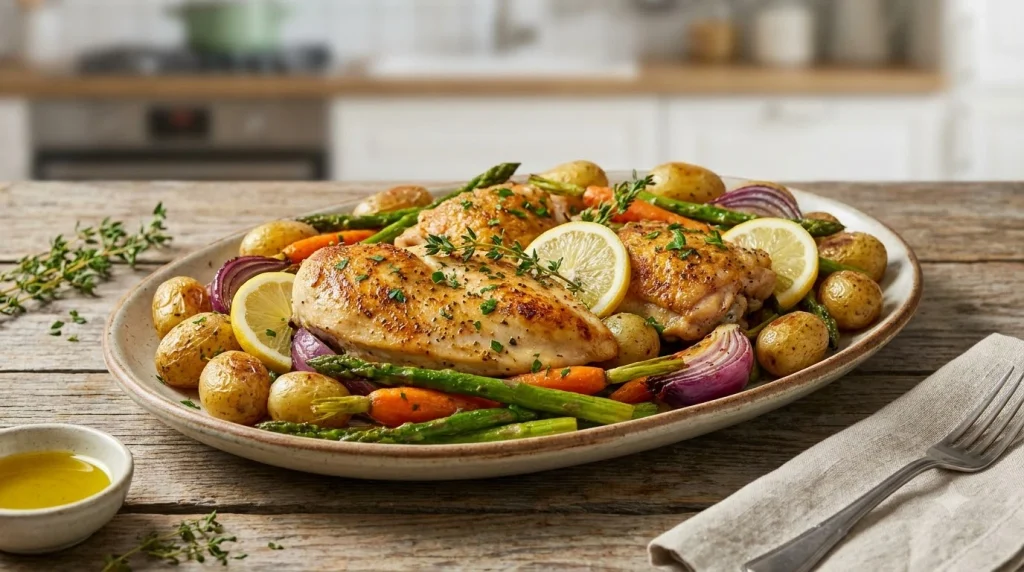 Lemon herb chicken with carrots and potatoes cooked in a slow cooker
