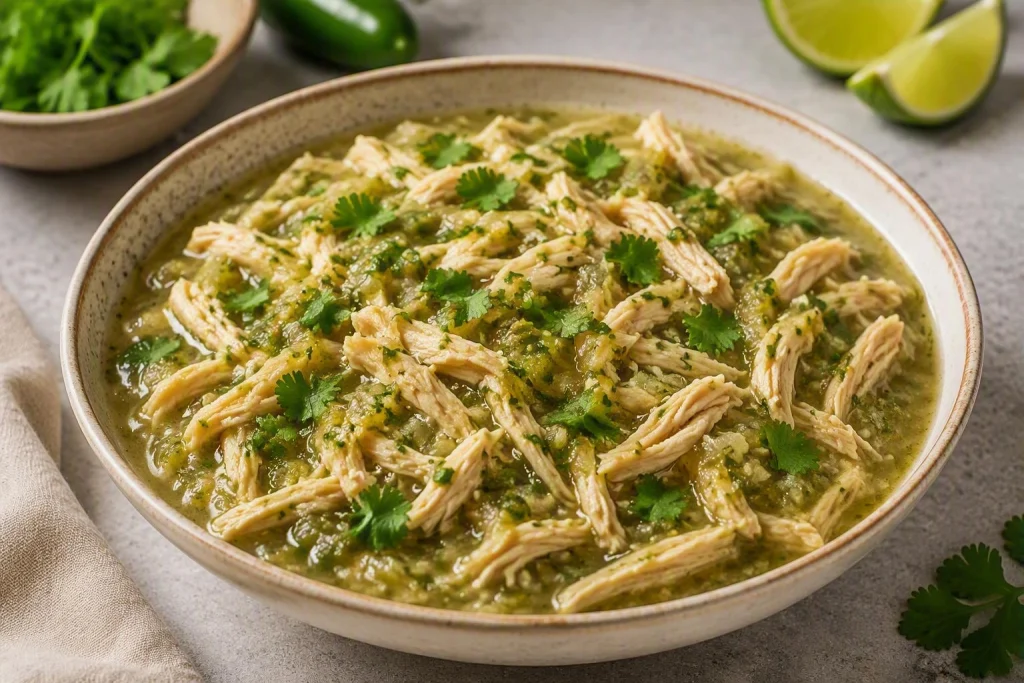 Salsa verde shredded chicken cooked in a slow cooker