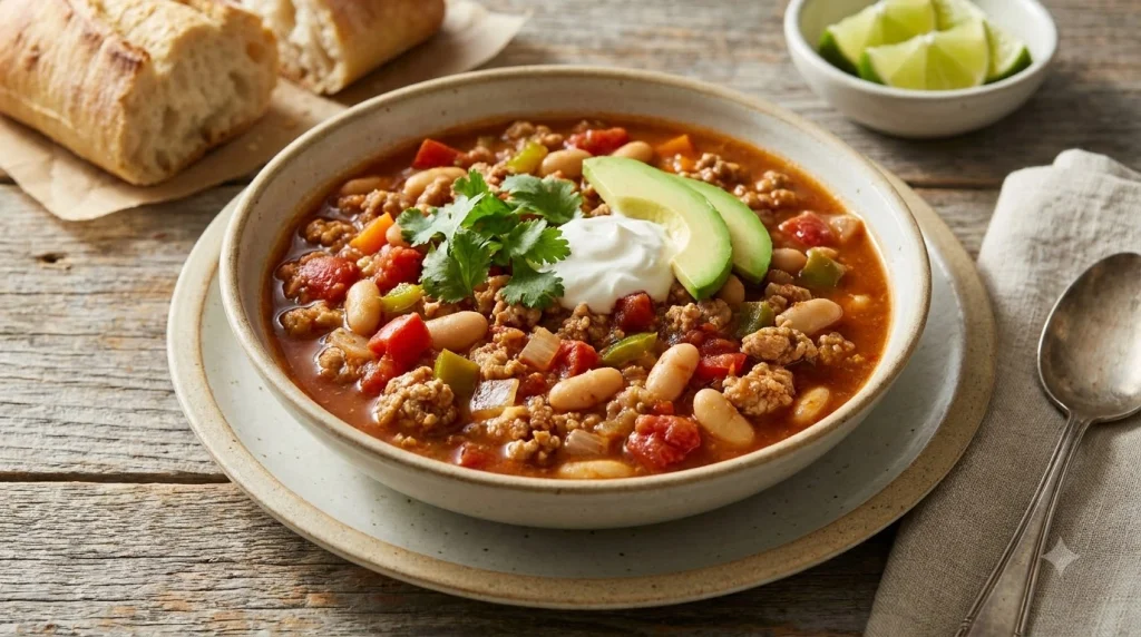 Turkey and white bean chili made in a crockpot