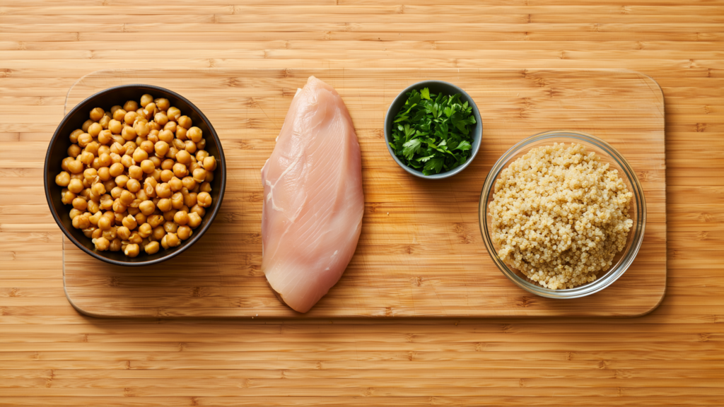 Raw chicken breast, cooked chickpeas, quinoa and parsley arranged on a light wood surface