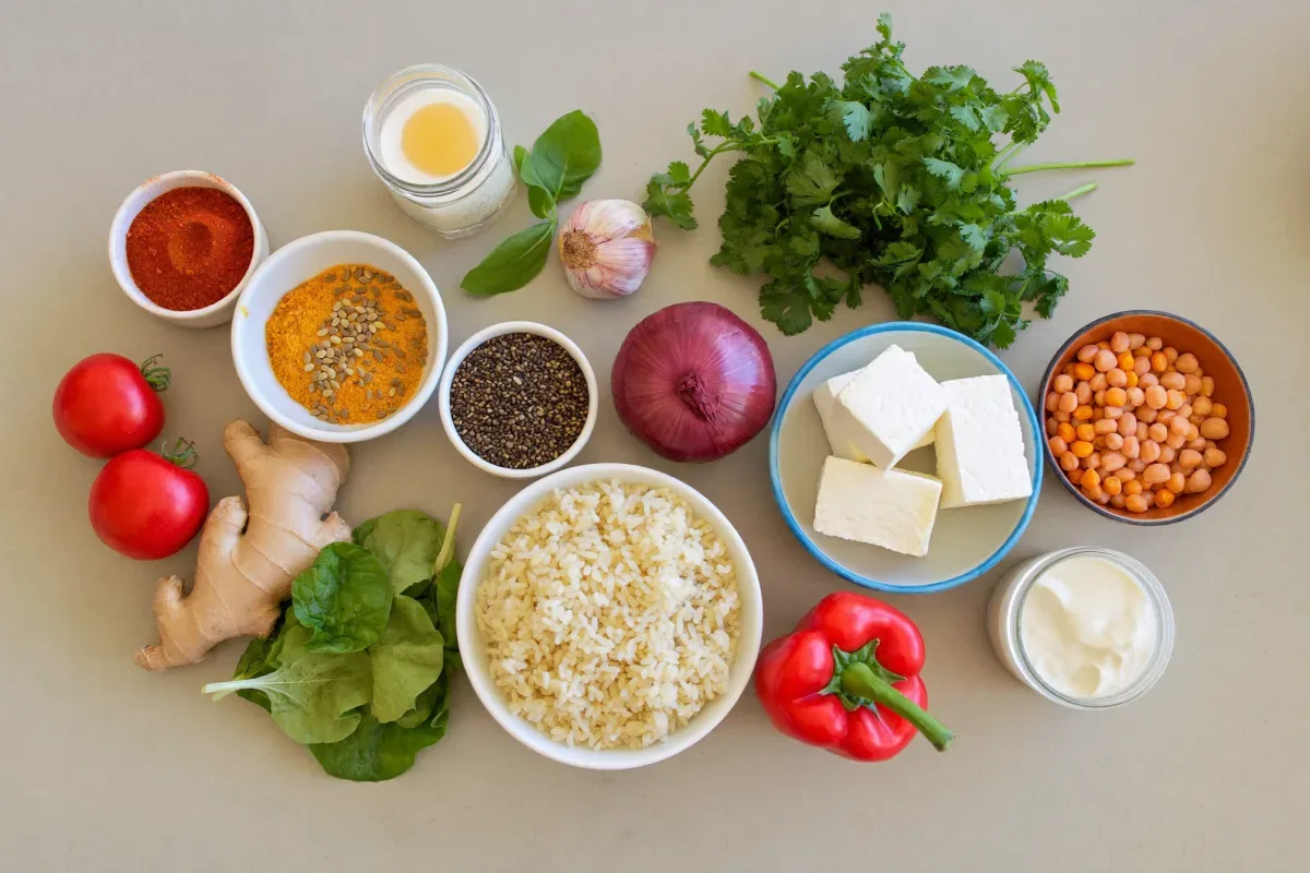 Ingredients for quick Indian dinner recipes: spices, fresh herbs, paneer, lentils, chickpeas, rice and vegetables
