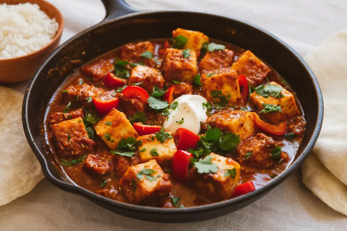 Paneer tikka masala in a cast-iron skillet with basmati rice and chapati, a quick Indian dinner